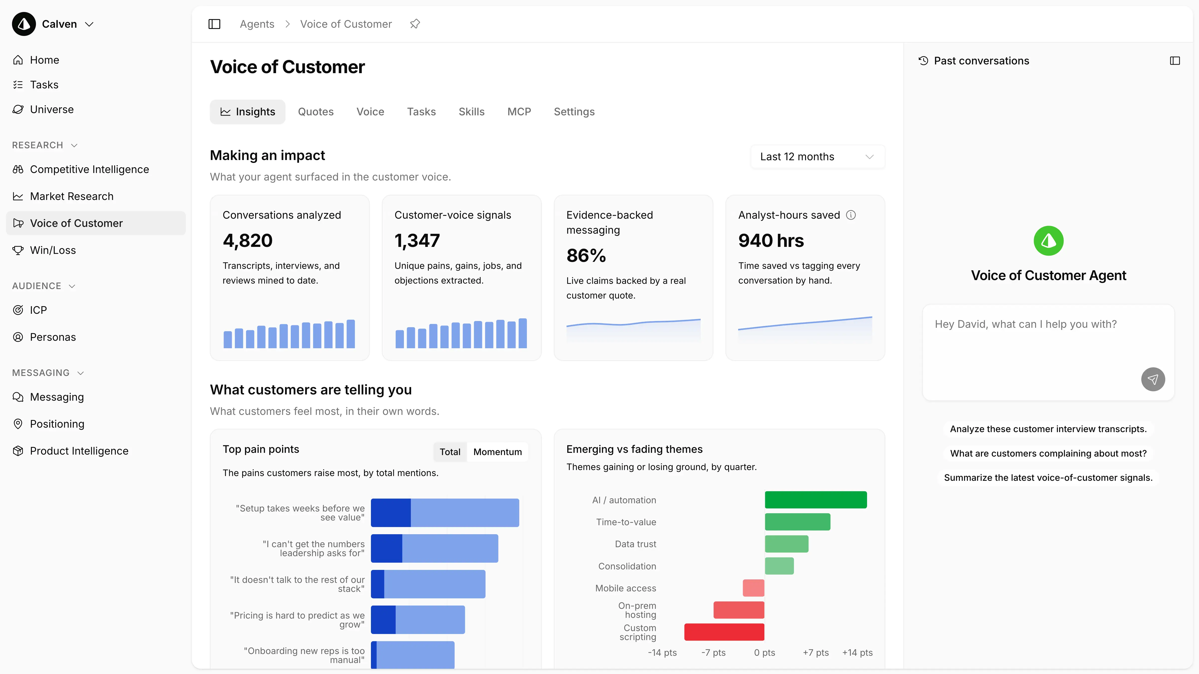 Voice of Customer Agent dashboard